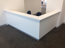 Axis 18 Custom 90 Degree Panel Front 2 Person Reception Desk. Counter Top And Laminate Kick